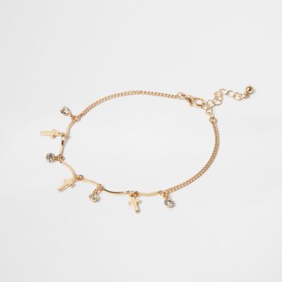 Gold tone cross charm anklet